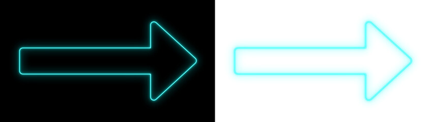 Cyan neon arrow pointing right on black and transparent backgrounds, bright directional outline icon for navigation and UI design