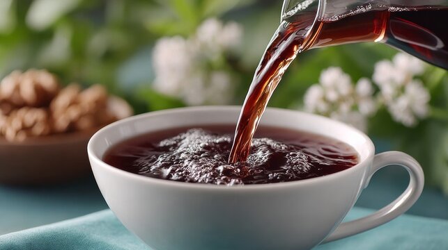 A cup of coffee is poured into a white cup. The cup is on a table with a blue background - Powered by Adobe