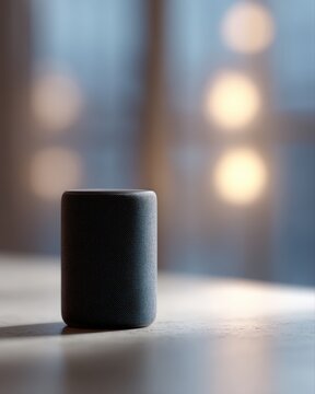A close-up view of a smart speaker or voice assistant device in a modern home setting, ambient computing.