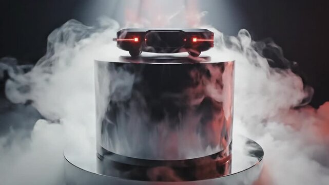 Futuristic black electronic device on metallic podium with glowing red lights surrounded by dramatic white smoke and fog in dark studio setting