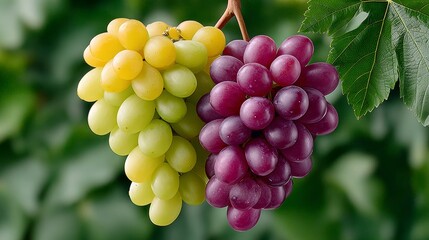 Two bunches of grapes, one green and one purple, hanging from a vine. The grapes are ripe and ready to be picked