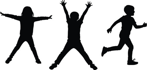 Silhouette of happy children jumping and running isolated on white background, active kids playing outdoor concept.
