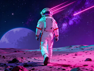 Fototapeta premium The back of an astronaut exploring a strange planet. A Purple planet in the background. Science fiction illustration in synthwave colors