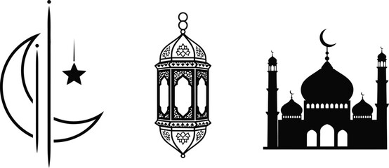 Ramadan and Eid icon set with crescent moon, lantern, and mosque, elegant black and white vector