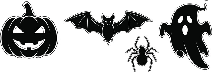 Simple Halloween icon set in black and white with pumpkin, bat, spider, and ghost, clean vector