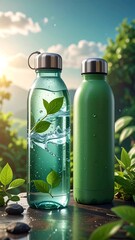 Two water bottles with foliage and nature in bright sunlight