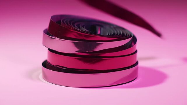 Shiny stacked circular bracelets with dark glossy bands illuminated by pink lighting