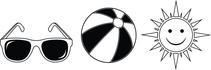 Summer vacation icon set with sunglasses, beach ball, and sun, simple monochrome vector