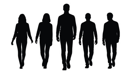 A group of five people walking forward shown as a striking black silhouette
