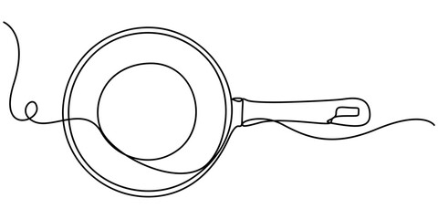 Frying pan continuous one line drawing, of a kitchen skillet with a handle with editable on a white background. outline Vector illustration. 