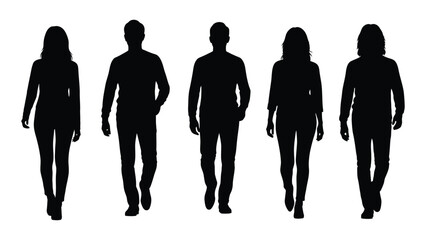 A group of five people walking forward depicted as a striking black silhouette