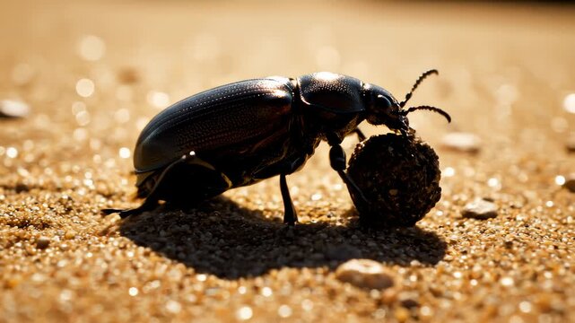 Beetle Pushing Rolling Dung Ball on Sandy Beach, Close Up