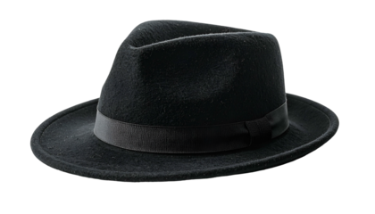 A classic black fedora hat, slightly tilted, against a dark, contrasting background
