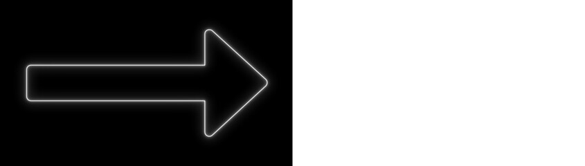 White neon arrow pointing right on black and transparent backgrounds, bright directional outline icon for navigation and UI design