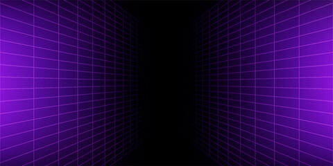 Purple glowing neon wireframe background. Shining checkered vertical grid planes in perspective. Retro futuristic depth wallpaper. Arcade game sci fi matrix surface backdrop for poster, banner. Vector