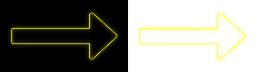Yellow neon arrow pointing right on black and transparent backgrounds, bright directional outline icon for navigation and UI design