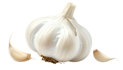 A realistic depiction of a whole garlic bulb alongside two individual cloves on a transparent background