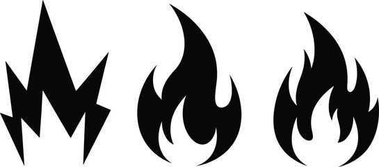 Fototapeta premium Set of three stylized black fire flame symbols in different bold and sharp silhouettes, representing heat, energy, danger, burning, flammable warning, and abstract natural power vector icons.