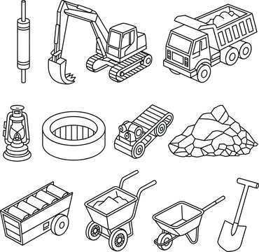 Set of line art isometric icons for mining and excavation, featuring excavator, dump truck, wheelbarrow, mine shaft, shovel, lantern, and heavy industry tools vector collection.