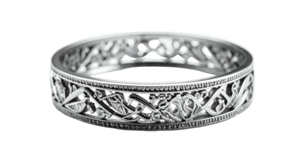 Silver ring with intricate, detailed Celtic knotwork design, on a black background