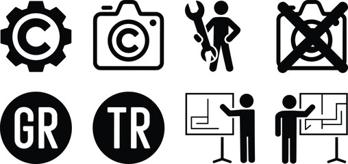 Copyright management and usage icons set, camera copyright, no photography sign, repair service, intellectual property rights and content protection symbols