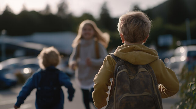 A parent waiting in the school pickup line, children running excitedly toward the car as afternoon sunlight reflects off backpacks and playground equipment &mdash; family routine and wholesome everyday