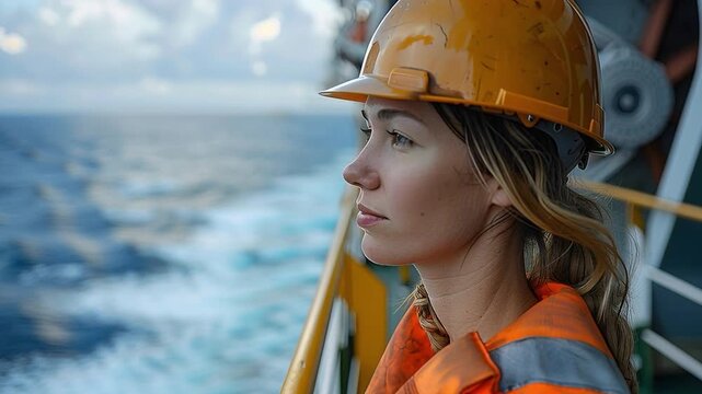 A person stands on the deck of a vessel, looking out at the sea. The sun is shining, and the water has gentle waves. The individual wears an orange safety jacket and a helmet