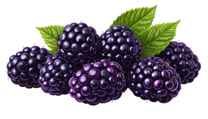 A cluster of ripe, plump black berries with green leaves, set against a black backdrop
