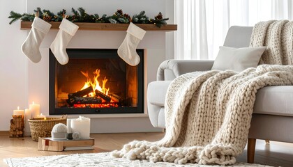 Cozy room featuring fireplace, stockings, armchair, and warm, inviting ambiance