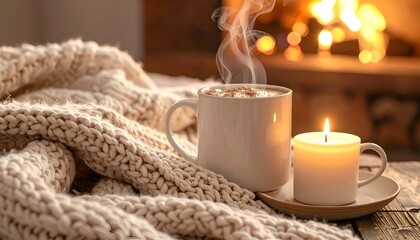Cozy scene steaming mug, lit candle, and knitted blanket near a fireplace
