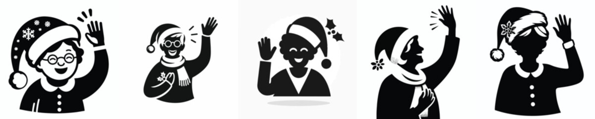 vector silhouette of grandmother waving his hand saying hello christmas