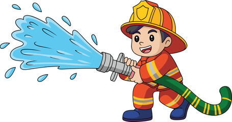 Cute firefighter cartoon spraying water with hose, smiling fireman kid character illustration, fire safety education concept, emergency service mascot vector