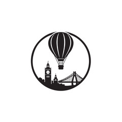 Hot Air Balloon over City Travel Silhouette Icon