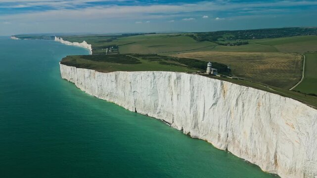 Aerial view over the famous white cliffs of The Seven Sisters Dover, south England.