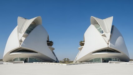 Modern Architectural Marvels Reflected in Calm Waters Under a Clear Blue Sky