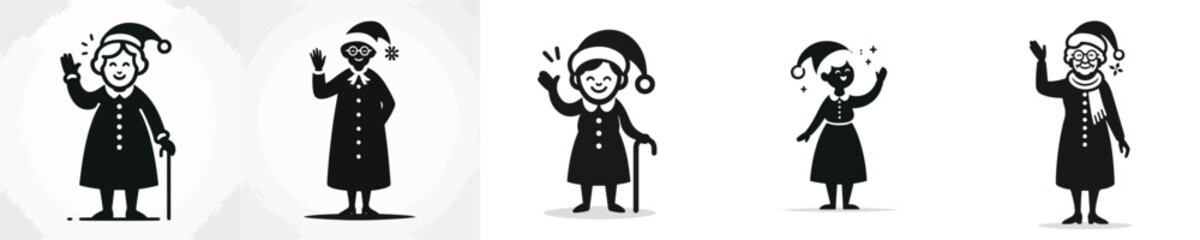 vector silhouette full body of grandmother waving his hand saying hello christmas