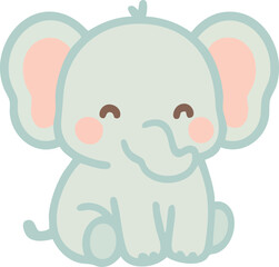 A cute pastel cartoon baby elephant with closed smiling eyes, rosy cheeks, and a curled trunk, illustrated in a soft flat kawaii style