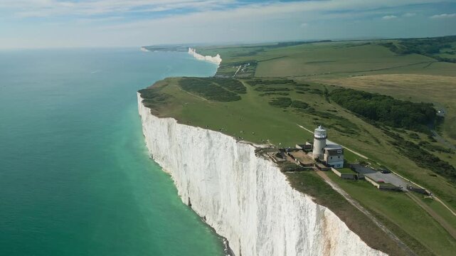 Aerial view over the famous white cliffs of The Seven Sisters Dover, south England.