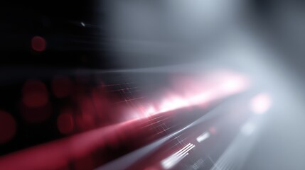 Wide shot of a futuristic user interface (UI) designed with transparent glass panels and flowing data animations.