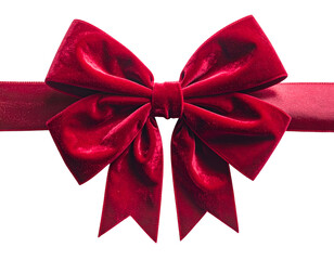 Close-up of a luxurious, deep red velvet bow and ribbon against a transparent background