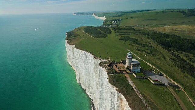 Aerial view over the famous white cliffs of The Seven Sisters Dover, south England.