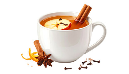 A white mug overflows with warm apple cider, garnished with spices and fruit