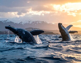 Two whales breach from ocean under sunlit sky near snowy mountains