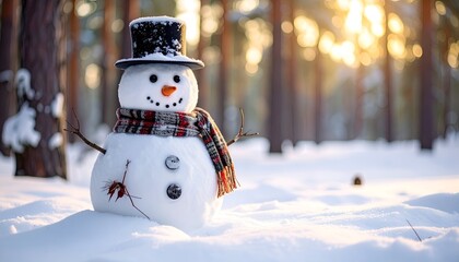 A whimsical snowman stands in a snowy forest, bright sun backlighting the scene