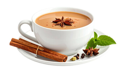 Creamy chai tea in a white cup with spices and herbs on a saucer, dark background