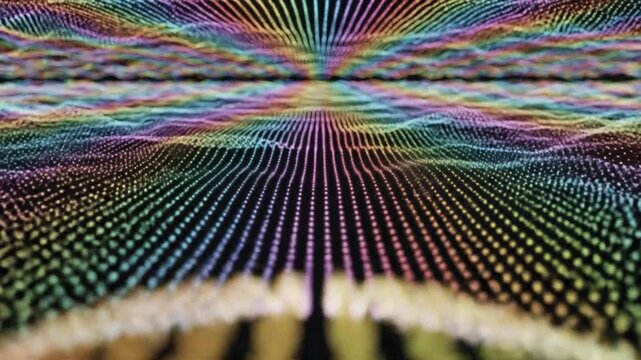 Abstract digital landscape of multicolored light points forming waves and lines on a dark background