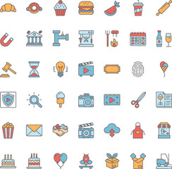 Diverse multimedia and lifestyle color line icon seamless pattern