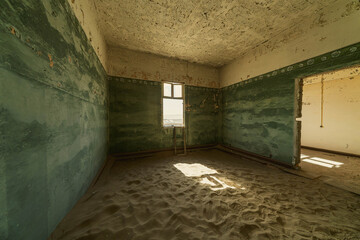 Obraz premium Kolmanskop abandoned ghost town in the Namib Desert, Namibia. Sand-filled interiors and decaying German colonial buildings illustrate nature reclaiming a once-thriving mining settlement