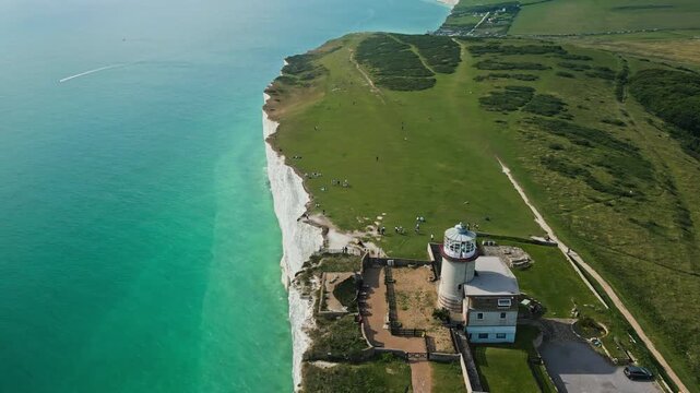 Aerial view over the famous white cliffs of The Seven Sisters Dover, south England.