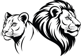 Lion and lioness head illustration set, majestic big cat couple portrait, black and white vector line art, powerful wildlife emblem design